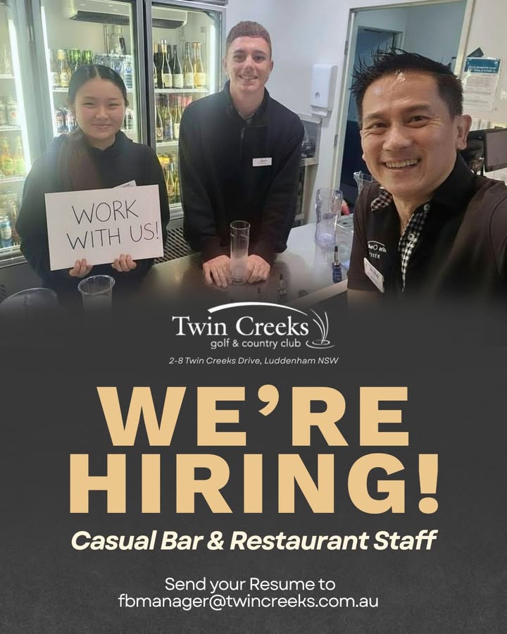 Featured image for “Join Our Friendly Team: Casual Bar and Restaurant Staff Positions Available at Twin Creeks Golf”