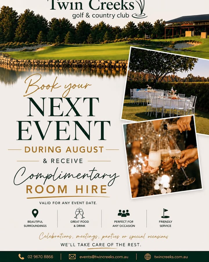 Featured image for “Complimentary Room Hire for August Events at Twin Creeks Golf”