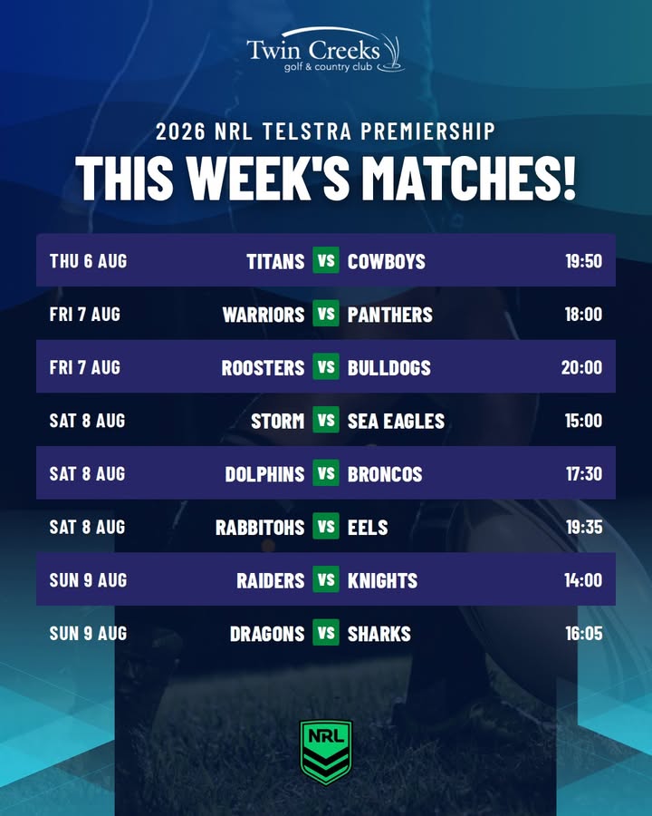 Featured image for “2026 NRL Telstra Premiership This Week’s Matches at Twin Creeks Golf”