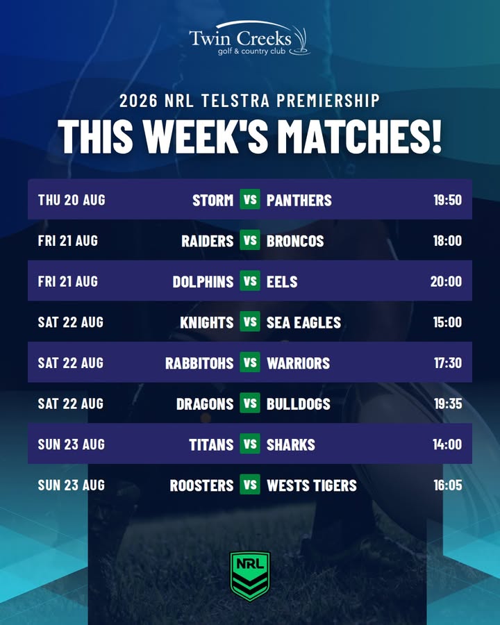 Featured image for “2026 NRL Telstra Premiership This Week’s Matches at Twin Creeks Golf”