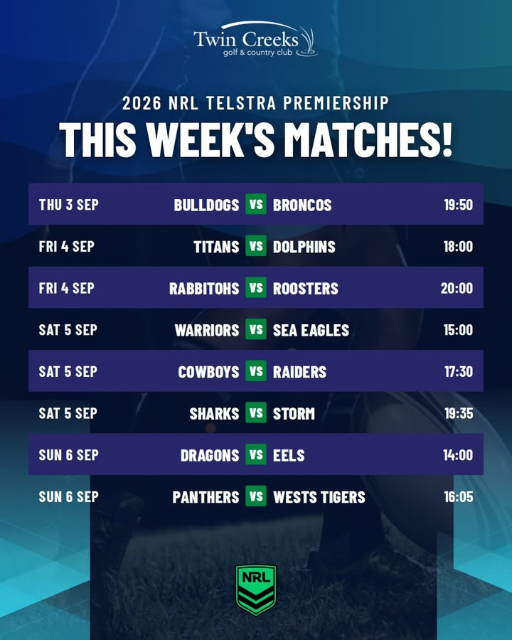 Featured image for “Watch 2026 NRL Telstra Premiership Matches at Twin Creeks Golf”